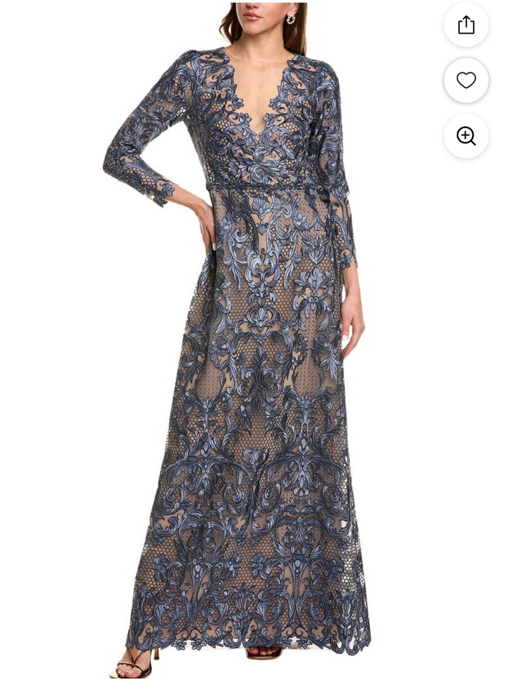 Navy Embroidered Long-Sleeve Evening Gown